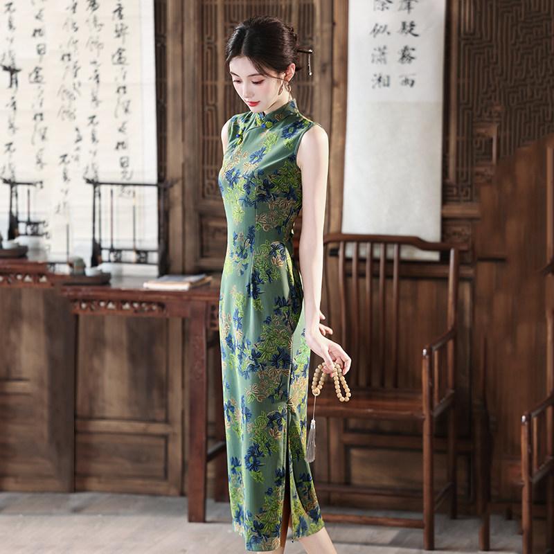 Yeşil kolsuz ulusal tarz yeni Çin Suzhou uzun cheongsam geliştirilmiş genç 1011 yeni kadın yüksek kalite yaz