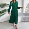 A Line Long Dress Women High Waist Pleated Solid Color V Neck Long Sleeve Spring Summer Fashion