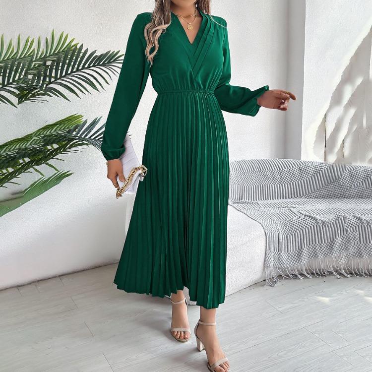 A Line Long Dress Women High Waist Pleated Solid Color V Neck Long Sleeve Spring Summer Fashion