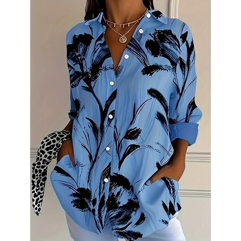 Fashion Commute Home Art Floral Print Women'S Plus Size Button-Up Long Sleeve Collared Shirt