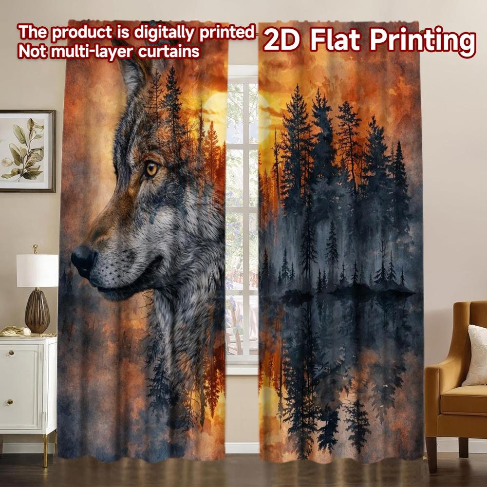 2D FLAT PRINTING 2pcs Curtains (Without Rod) Wolf and Forest Sunset Chic Curtains Digital Printed Yarn Curtains Art Deco Festive