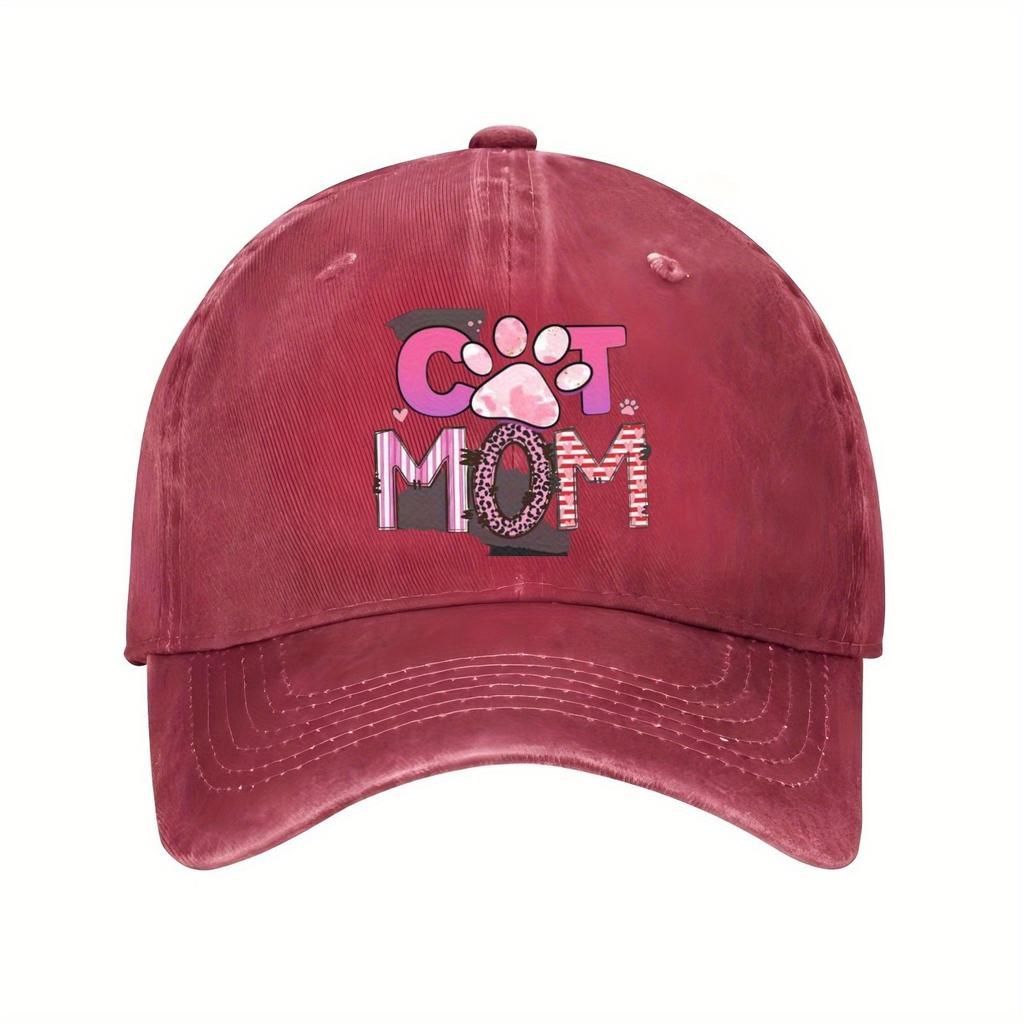 Cat Mom Baseball Cap Pink Paw Print Adjustable Polyester Casual Sun Protection Hat for Pet Lovers