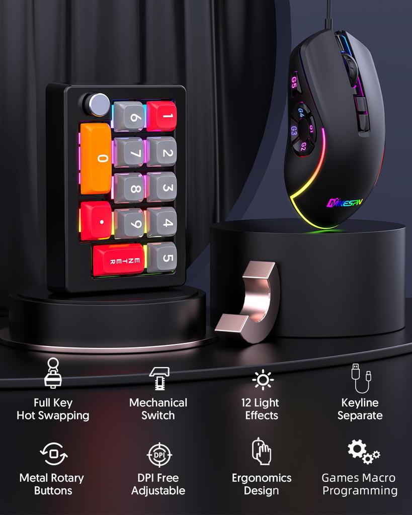 13-Key Mechanical Numeric Keypad with Macro Programming, Custom Knob, Multimedia Controls, Hot-Swappable Red Switches