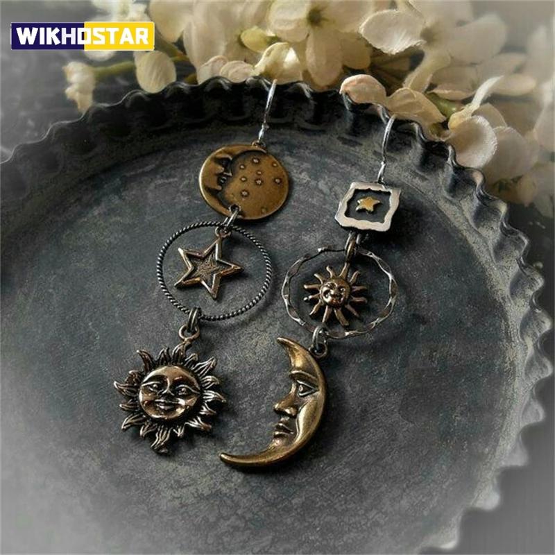 Vintage Free People Face słońce wisiorek z księżycem kolczyki damskie kreatywne wzornictwo asymetryczne kolczyki Party Retro biżuteria