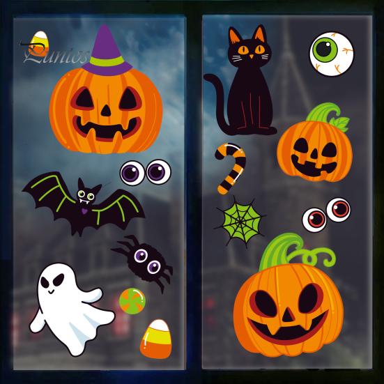 Classroom Halloween Decorations Cute Static Cling Window Stickers, Pumpkin Ghost Bat Black Cat Glass Decals Decals, No Adhesive Removable Art for Home