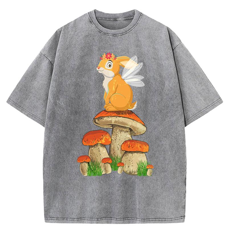 Cottagecore Aesthetic Mushroom Frog Print Washed T Shirt Woman Crewneck Y2K Short Sleeve Summer T-Shirt Cotton