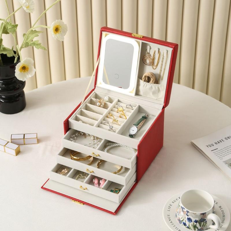 Large Capacity Double Layer Lockable Jewelry Box PU Leather Rings Earrings Necklaces