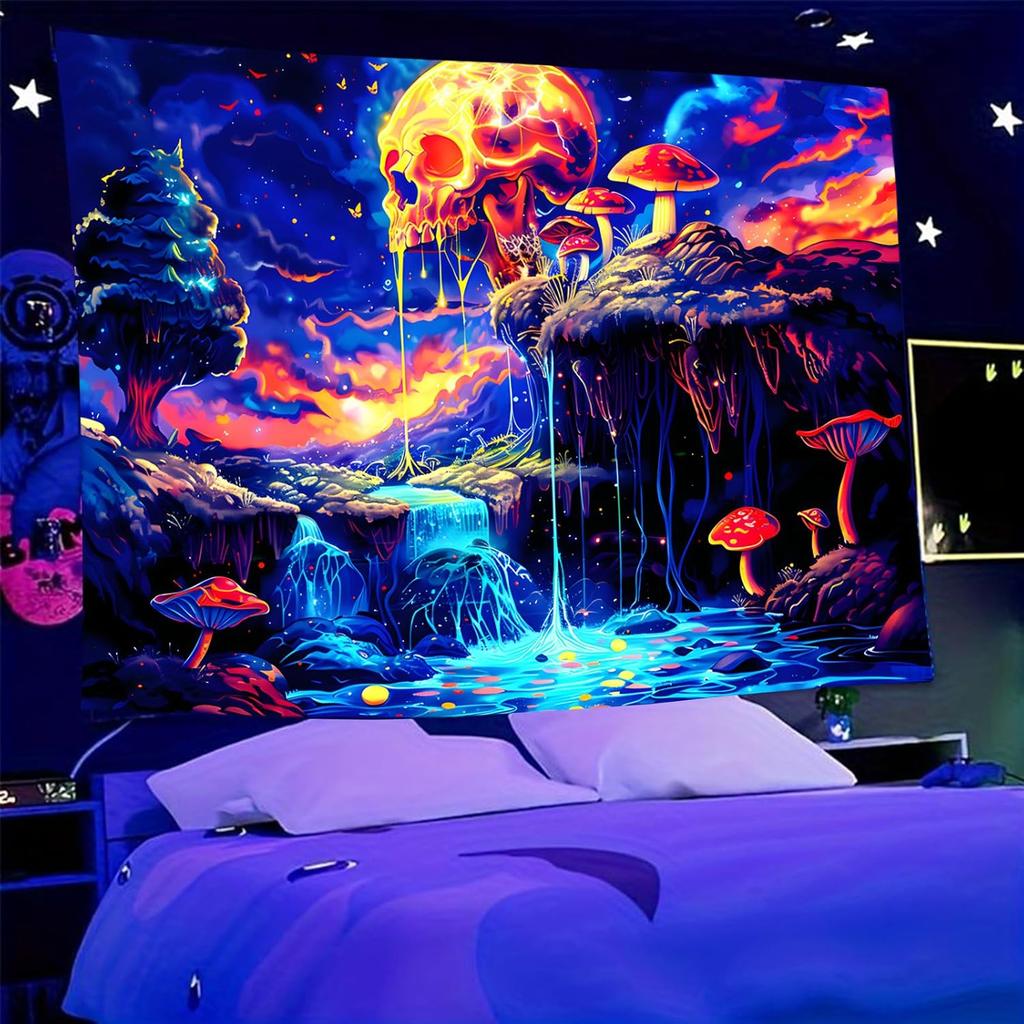 Onivein Blacklight Skull Forest Tapestry UV Reactive Skeleton Mushroom Waterfall Tree Tapestries Wall Hanging Aesthetic Tapestry for Bedroom Dorm