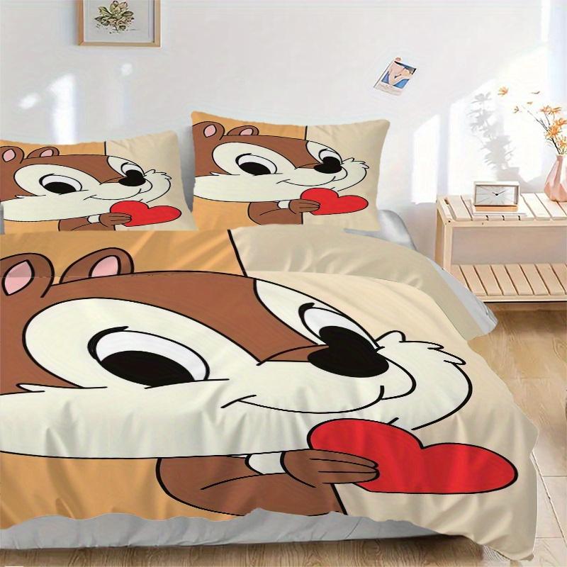 

3 шт. Комплект постельного белья с рисунком Chip & Dale, белки, держащие сердце, 1* Пододеяльник + 2* Наволочки, Печатный комплект постельного белья, Мягкий и удобный 135x200cm