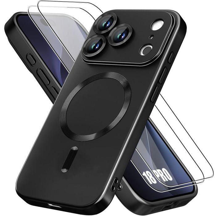 Coque pour iPhone 18 Pro, Silicone Slim Anti-Rayures avec Anneau Magnétique Noir - 2 Verres Trempés