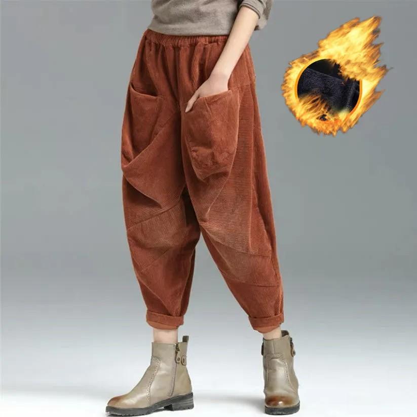 

Женские осенне-зимние однотонные вельветовые брюки с подкладкой, свободные повседневные брюки с карманами XL оранжевый