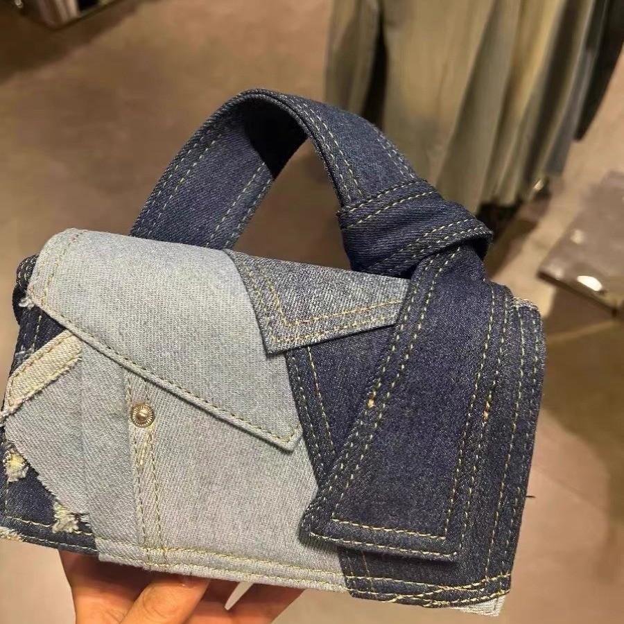 IELGY Niche Versatile Denim Spliced Oblique Span Bag, Commuter Portable Small Square Bag, Korean Casual Shoulder Bag