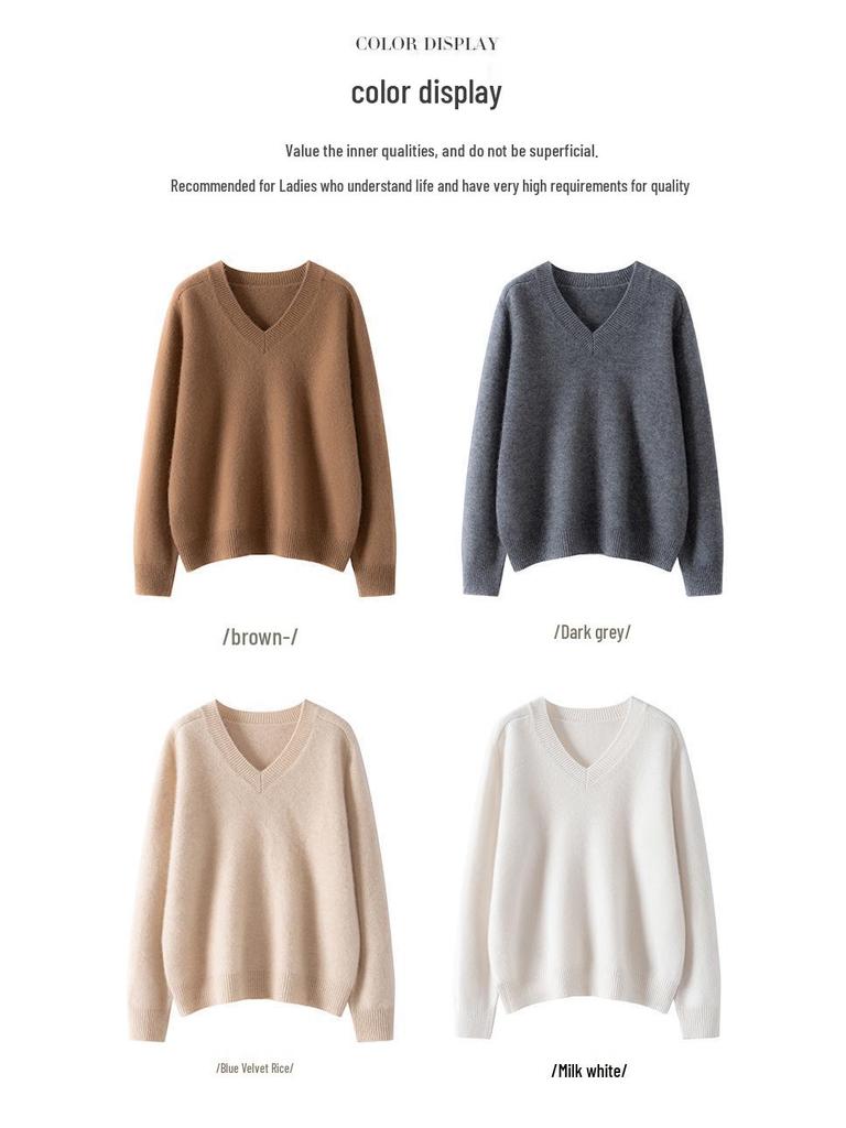 2025 Korean-Style Thick Cashmere V-Neck Loose Sweater - Women's Autumn/Winter Knit with Drop Shoulders and Long Sleeves.