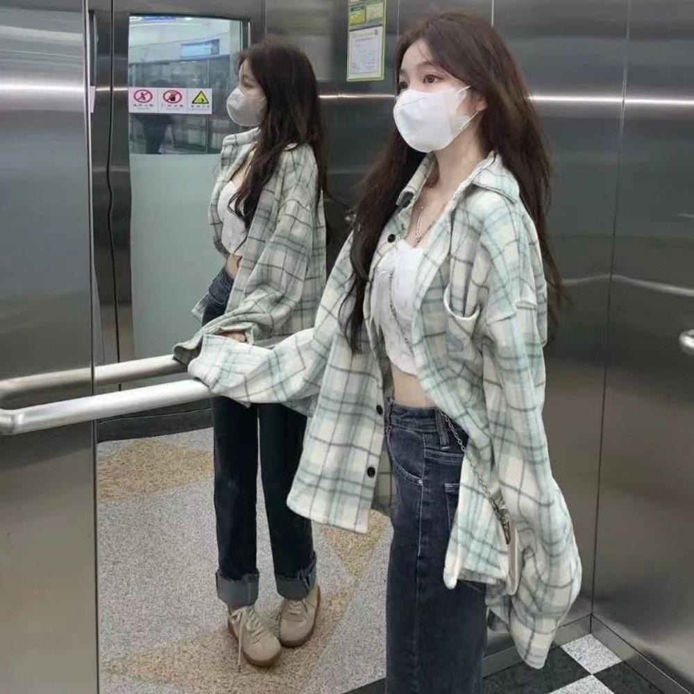 Spring Autumn plaid shirt women s American niche street style top loose lazy Korean version fashionable casual shirt S