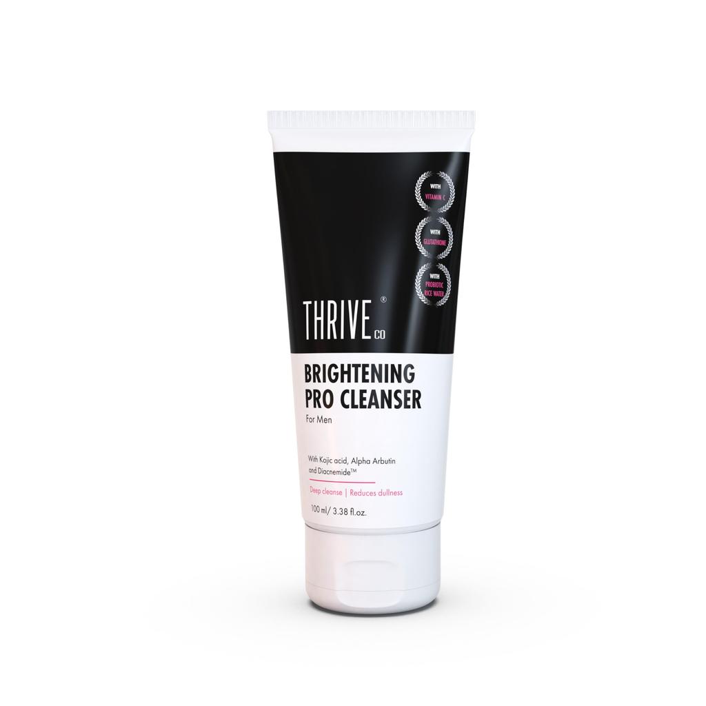 ThriveCo Brightening PRO Cleanser for Men with Probiotic Rice Water, Vit C, Kojic Acid, Alpha Arbutin & Glutathione | Anti-ageing Face Wash, Boosts