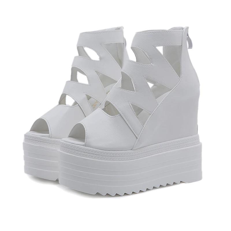 Fashion 14CM Super High Heels Platform Women Sandals Fashion Black White Thick Bottom Wedges Female Sandals Sexy Peep Toe Rome Shoes