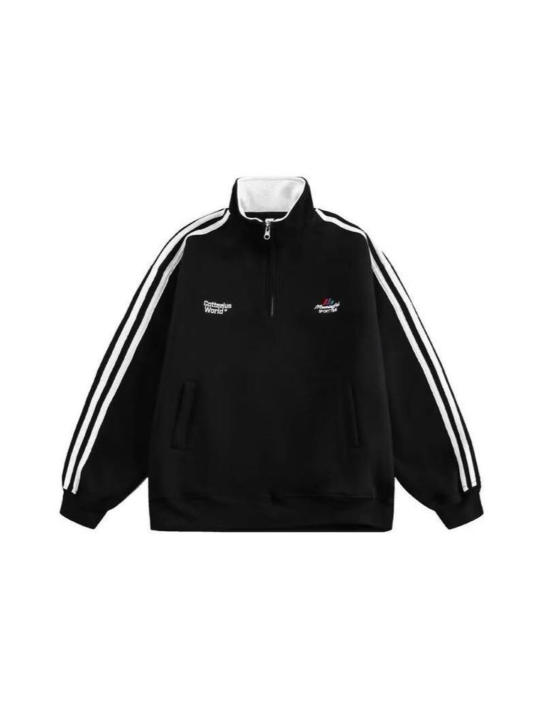 Unisex Fleece-Lined Stand Collar Half-Zip Hoodie: Thick, Embroidered, Trendy, Loose-Fit, Autumn/Winter, Heavy-Weight Jacket.