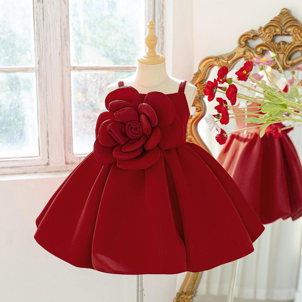 Girls' Spaghetti Strap Formal Dress with 3D Floral Design for Piano Performances