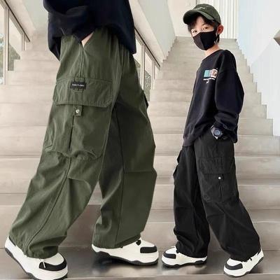 Boys Cargo Pants Children Spring Casual Trousers Children Autumn Straight Loose Pants Teenager Solid Color Wide-leg Clothing