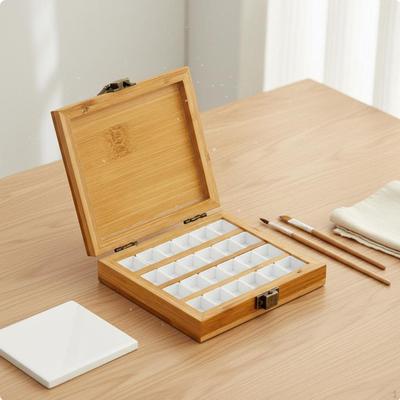 Wooden Watercolor Painter's Color Tray With Latch Empty Pan Case Bamboo Paint Storage Box