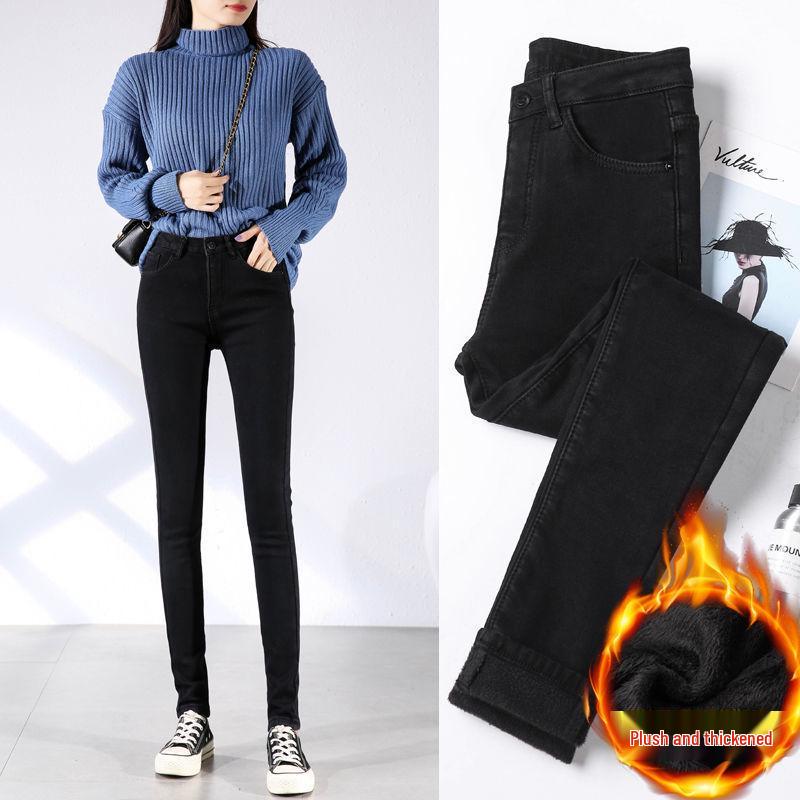 Women's Black High Waist Velvet Skinny Pants - Autumn/Winter Warm Pencil Leggings