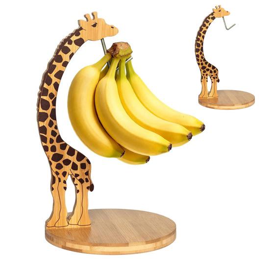 Banana Holder Stand Wood Giraffe with Stainless Steel Hook Giraffe Design Bananas Hanger Fruit Keeper for Kitchen Counter Under Cabinet
