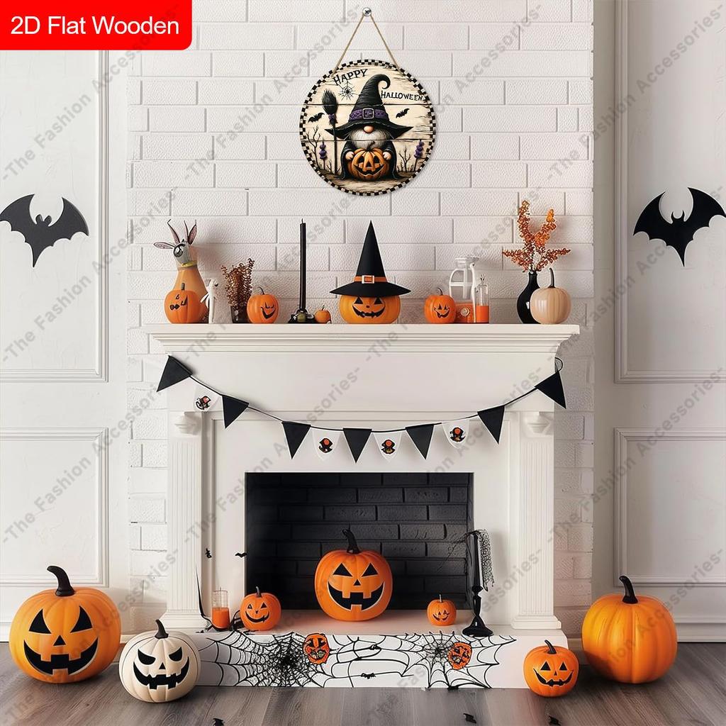 Happy Halloween Witch Gnome Pumpkin Round Wooden Hanging Sign, 2D Flat Printed Halloween Bat Wall Door Ornament, Spooky Farmhouse Holiday Decor Gift
