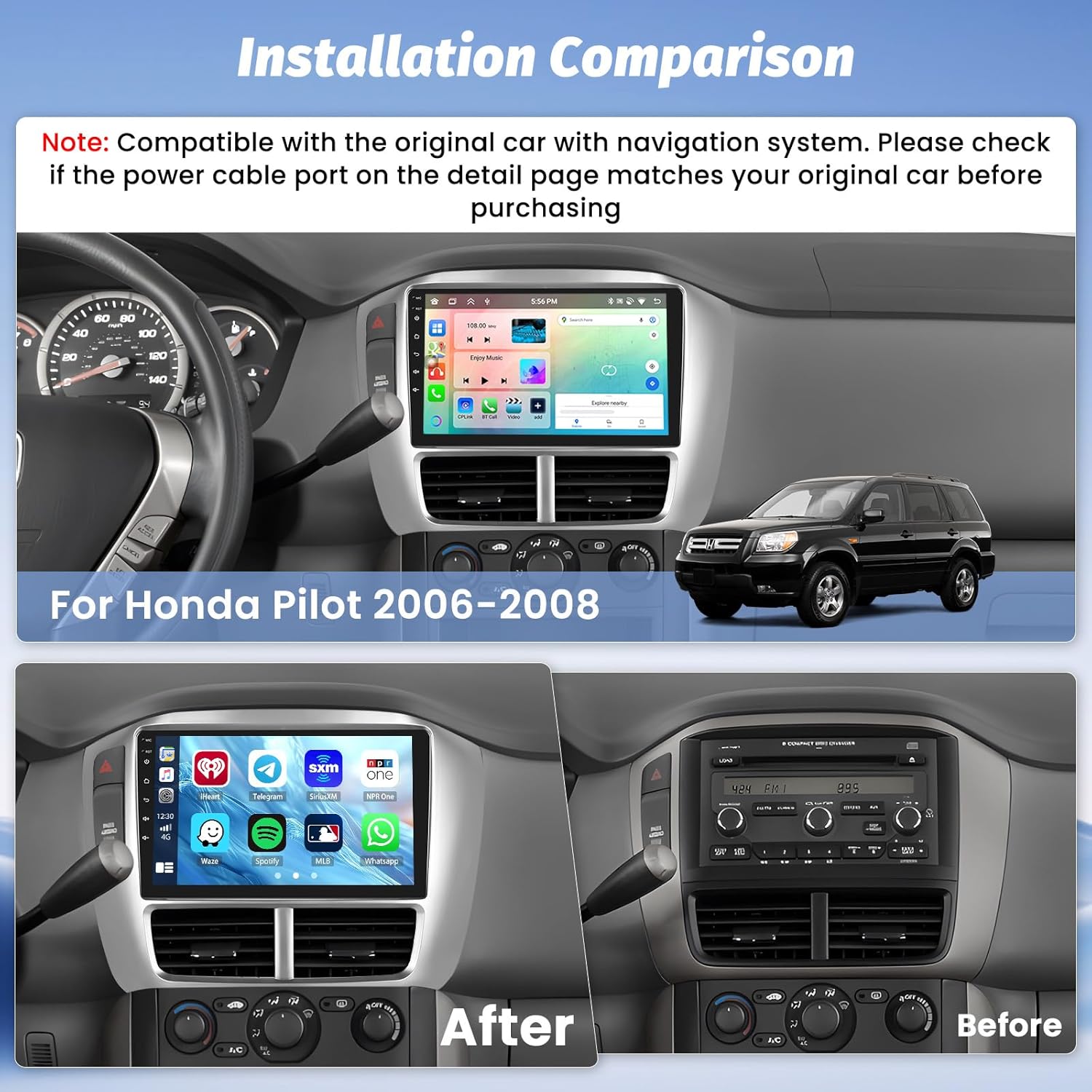 

8-ядерное Android Авторадио 4+64 ГБ для Honda Pilot 2006-2008, 9-дюймовый сенсорный экран с CarPlay, Android Auto, GPS, Bluetooth, WiFi, Mirr 2 64G