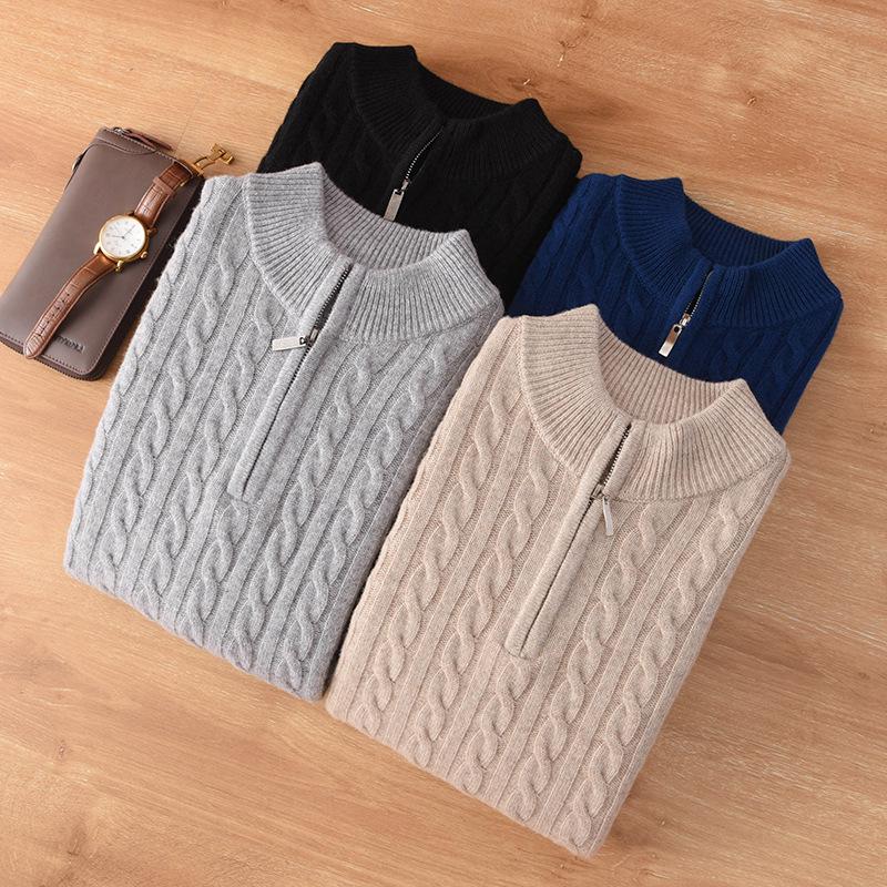 Men's Plus Size Cashmere Sweater - Half High Neck, Zipper, Business Casual Knit for Autumn/Winter