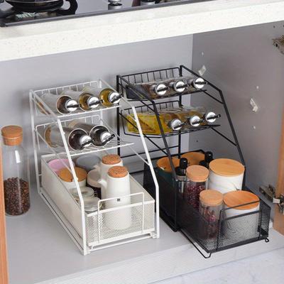 1pc 3 Tier Spice Rack, Living Room Bathroom Storage Slanted Shelf, Under Sink Storage Rack, Kitchen Cabinet Organiser