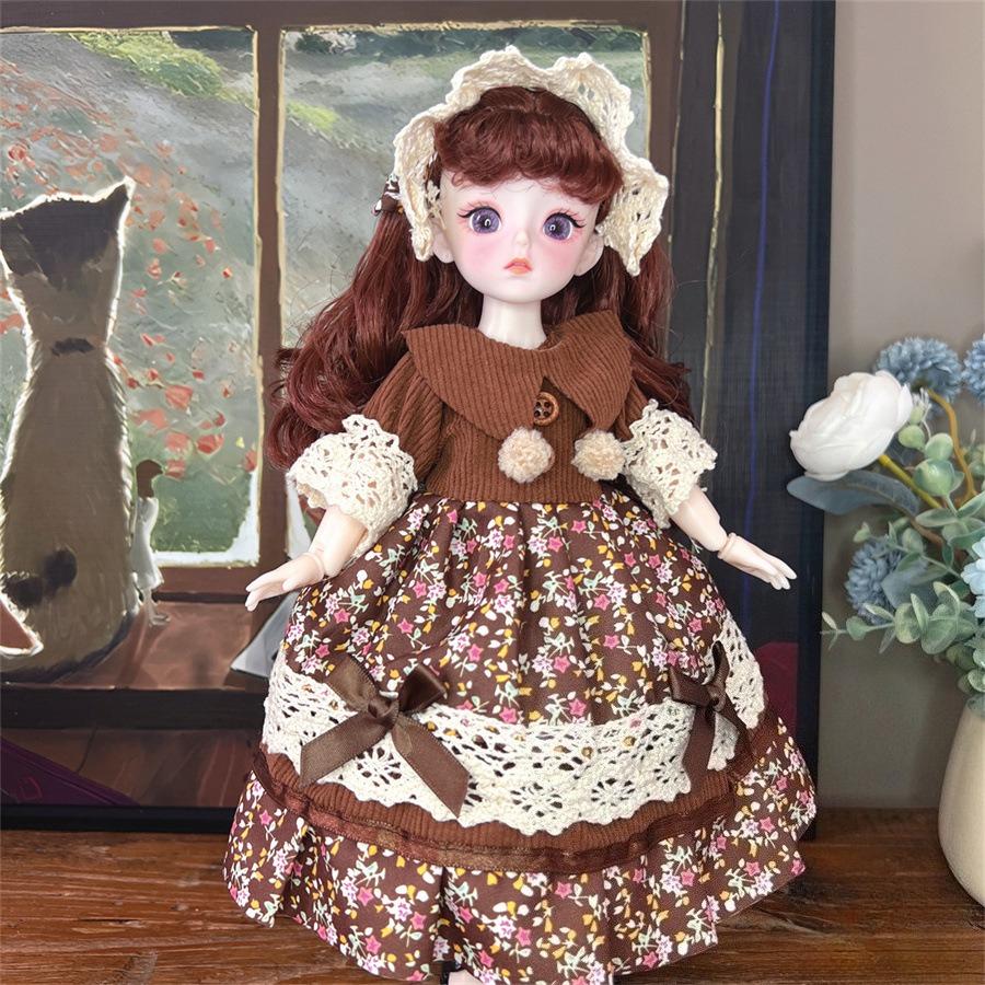 Vintage Brown Corduroy Plaid Skirt 6 Points BJD Doll Cottagecore Style Clothes Set 30cm Dolls Outfit Change Dress Up Accessories