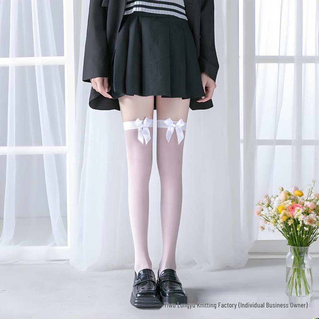Czarne Koronkowe Pończochy do Uda z Kokardką - Damskie Seksowne Skarpetki za Kolano