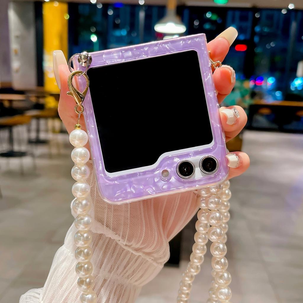 Glitter Shell Pattern Pearl Chain Crossbody telefonveske til Samsung Galaxy Z Flip 5 4 3 Flip5 Flip4 Flip3 5G skulderremdeksel