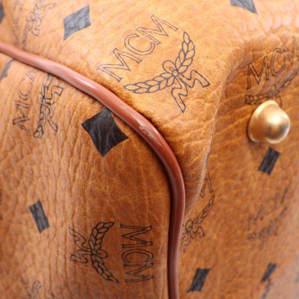 Used MCM Vicetos Boston Bag PVC Coated Canvas Leather Brown Used Unisex