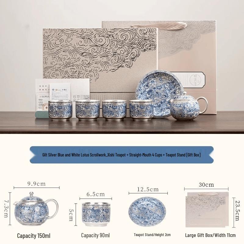 Gilded Blue & White Lotus Ceramic Tea Set with Xishi Pot