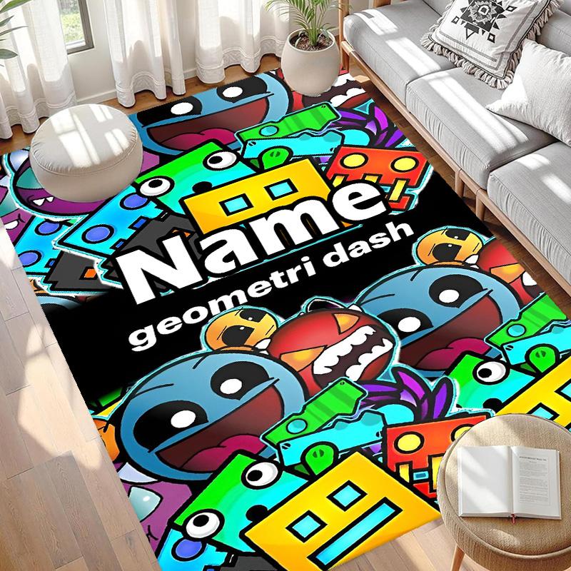 Custom Name Personalized Geometry Dash Print Carpet, Versatile Home Decor Rug, for Playroom, Apartment, Balcony, Entryway, Hallway Gift