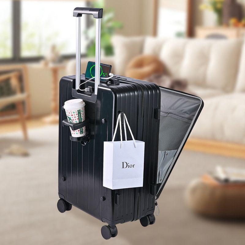 20-inch front-opening trolley case with PC material and password lock.