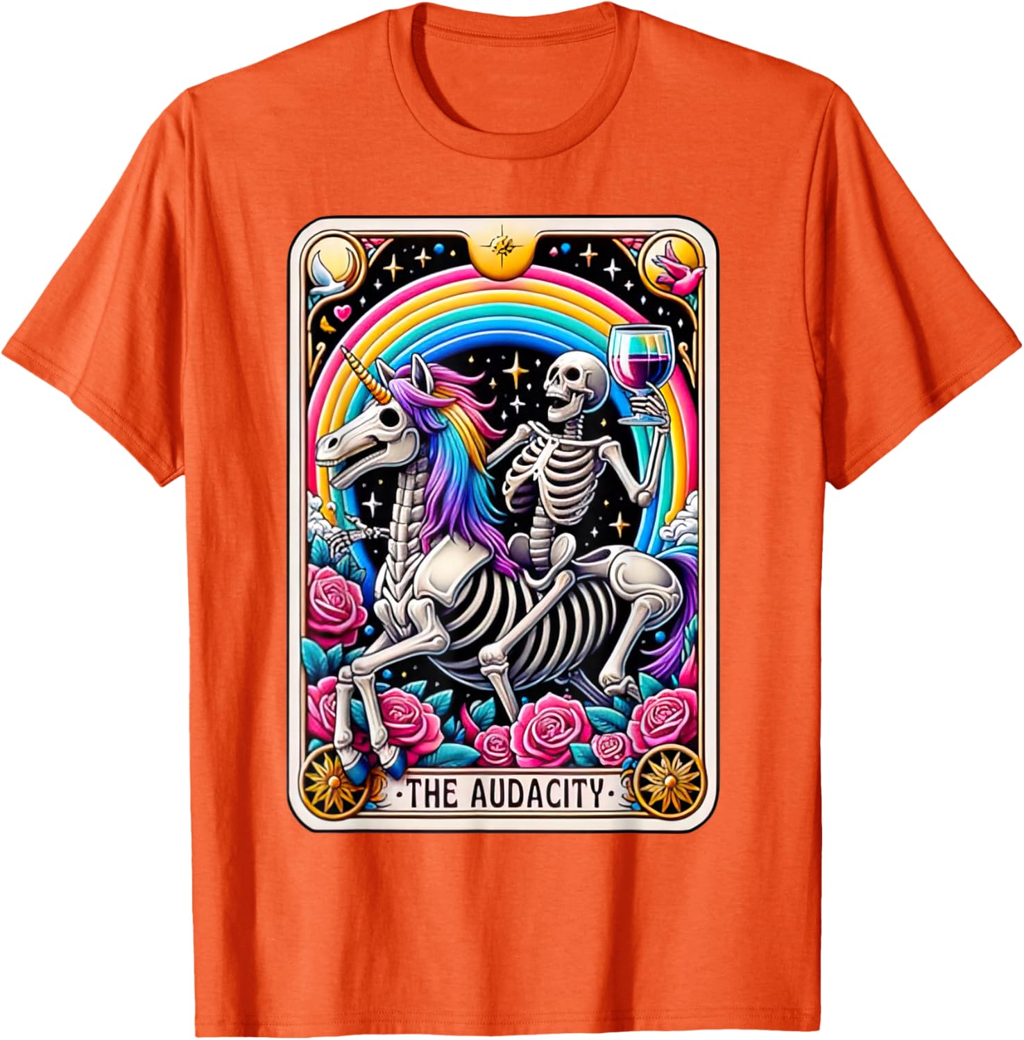 Skeleton Riding Rainbow Unicorn Tarot Card The Audacity Graphic Tee Casual Cotton T-Shirt 4XL