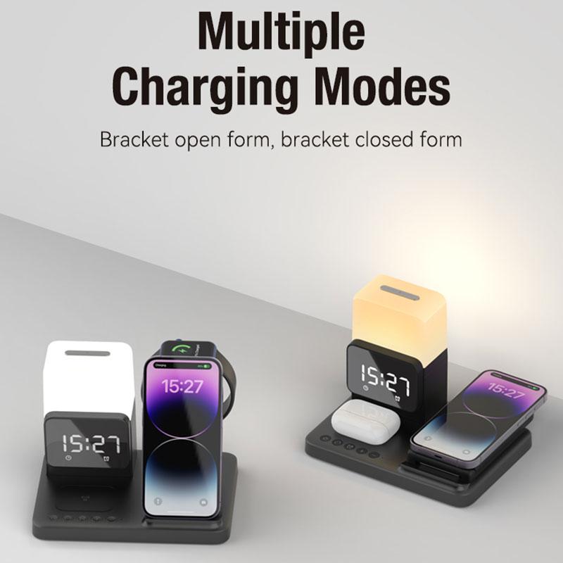 Faltbare 6-in-1-Wireless-Ladestation, Weckerlampe, Schnelllade-Dockingstation für iPhone 14 13 12 X Pro Max Airpods Pro iWatch