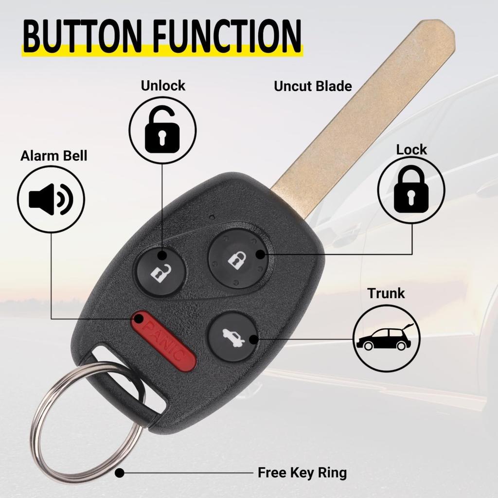 Keyless Entry Remote Control Uncut Car Ignition Key Fob Compatible with Honda Accord 2003-2007, Replacement for OUCG8D-380H-A, 4 Button