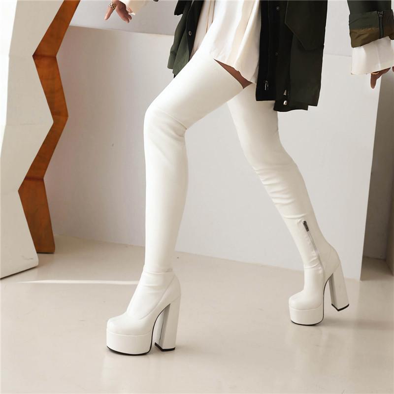 Stivali col tacco alto da donna, stivali sexy europei e americani impermeabili con plateau, tacco spesso, tinta unita, grandi dimensioni, al ginocchio
