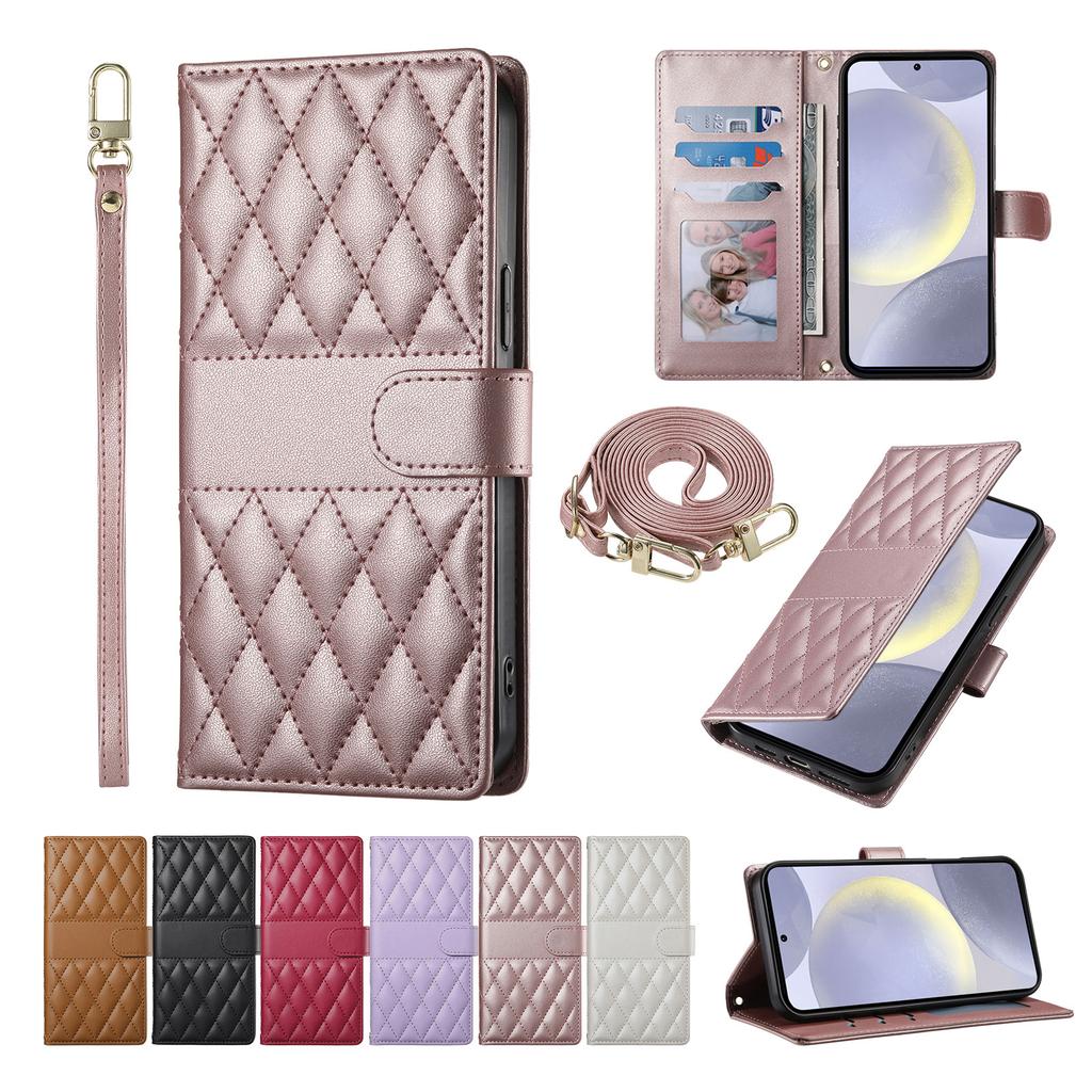 Crossbody Card Solt Wallet Leather Case For Samsung Galaxy S25 Ultra A16 A36 A56 A55 A15 S24 Plus S23 FE Grid Lanyard Flip Cover
