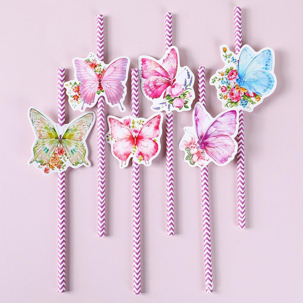 24pcs Butterfly Theme Party Decoration Straws DIY Colorful Butterfly Card Straws Kids Happy Girls Butterfly Birthday Party Decor