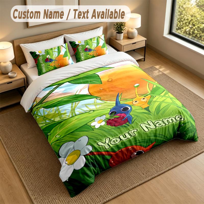 3Pcs Bedding Set Custom Name Text, 1 Sheet 2 Pillowcases Home Bed DecorPikmin
