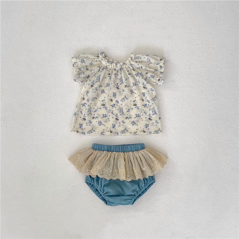 

Летняя одежда с короткими рукавами для малышей, милый синий топ с цветочным принтом + кружевные шорты, одежда для маленьких девочек 66