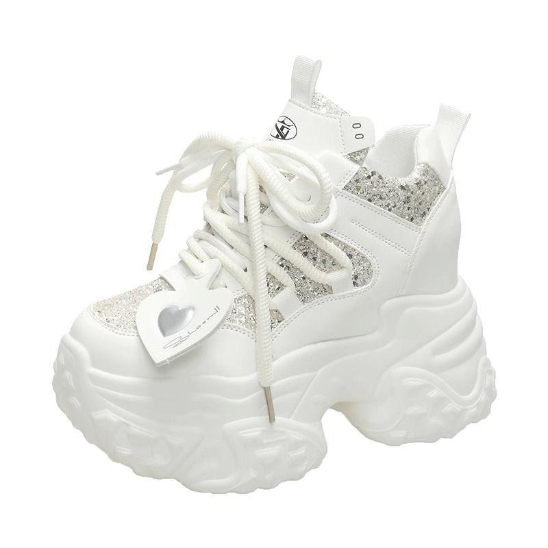 New Dad Shoes Breathable Women's New Mesh Autumn Heightening Sports and Leisure Shoes White Silver