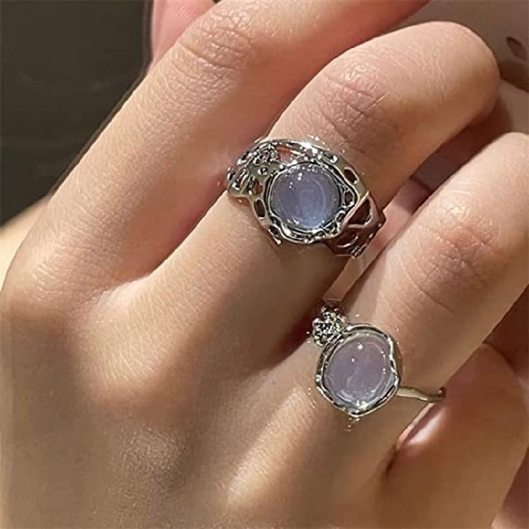 Hollow Moon Stone Rings for Women Y2K Flower Bud Open Ring Vintage Jewelry