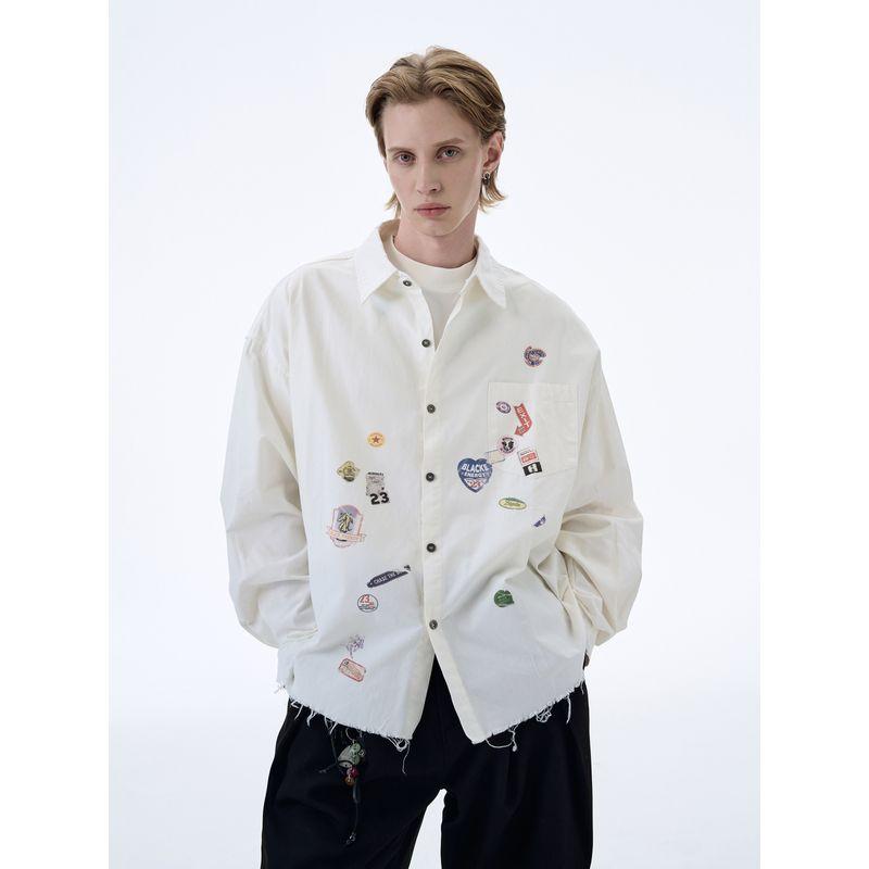 Kisko Design-Inspired American-Style Sticker Print Frayed Long-Sleeve Shirt for Men and Women, Trendy Brand, Cool and Loose-Fitting Shirt Jacket