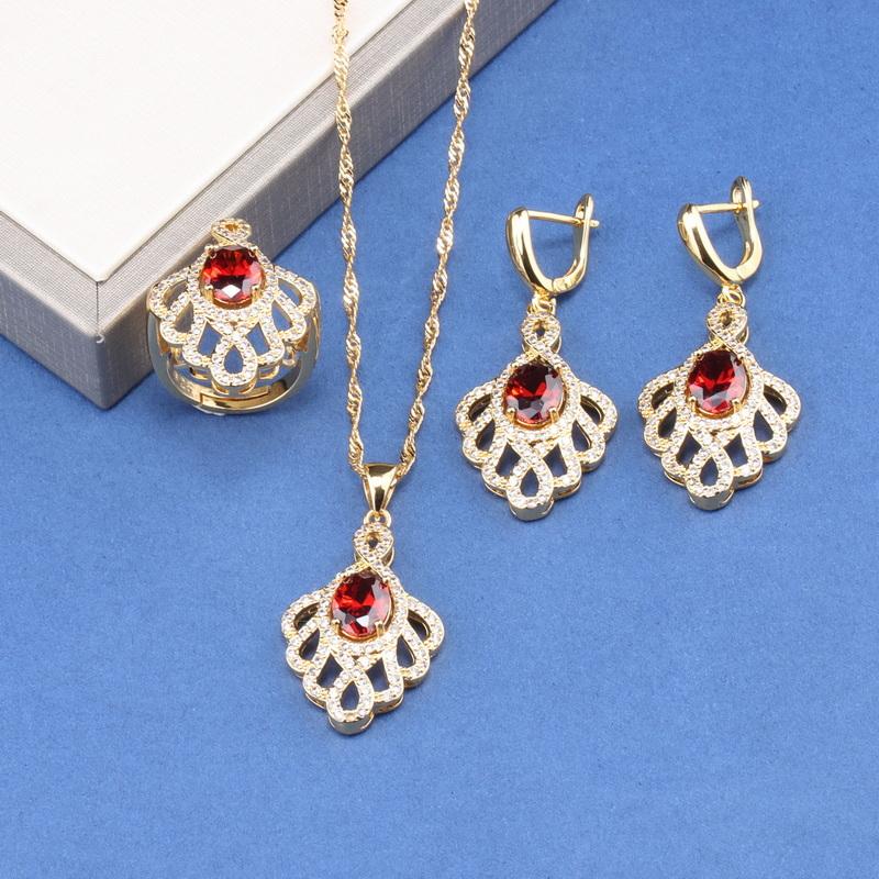 Unique  Gold Plated Wedding Accessories Big Jewelry Sets Colorful Zircon Bridal Necklace And Earrings Ring For Women Gift