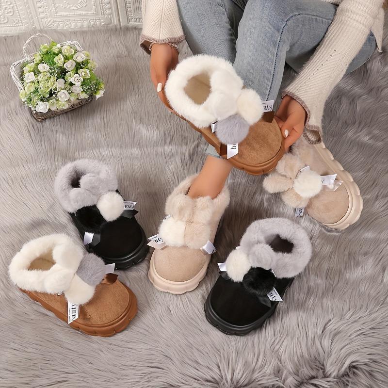 Thick Bottom Bow Rabbit Plush Cotton Shoes Household Women Home Simple Warm Snow Boots Anti-slip